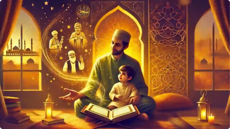 مشهد قراءة قصص إسلامية للأطفال بأسلوب رقمي جذاب يظهر والد يروي قصة في أجواء دافئة ومريحة